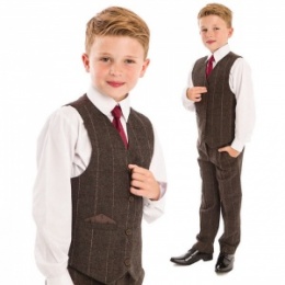 Boys Brown Tweed Check 4 Piece Waistcoat Suit